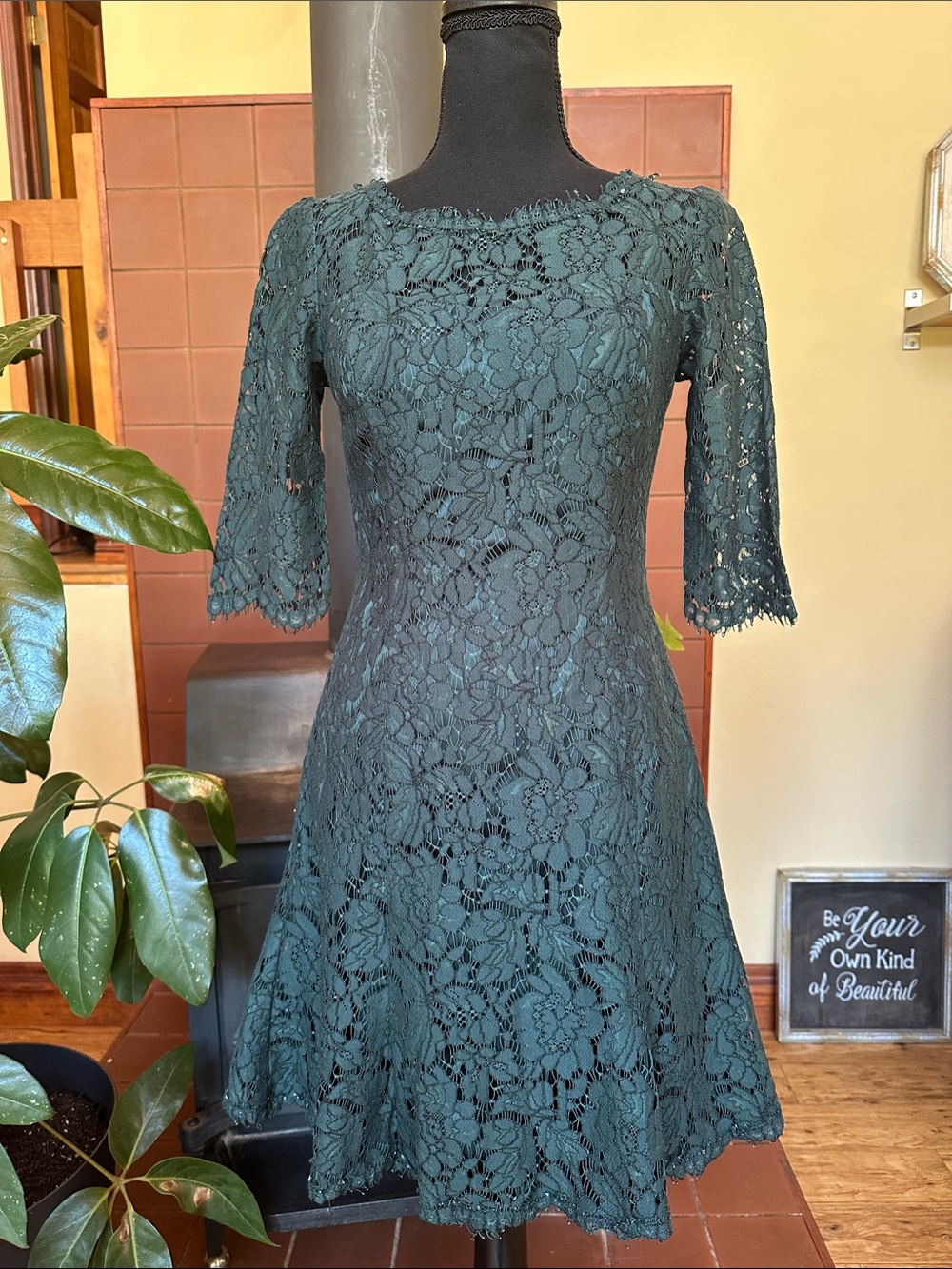 #225- Eliza J Dark Green Lace Fit-and-Flare Midi Dress